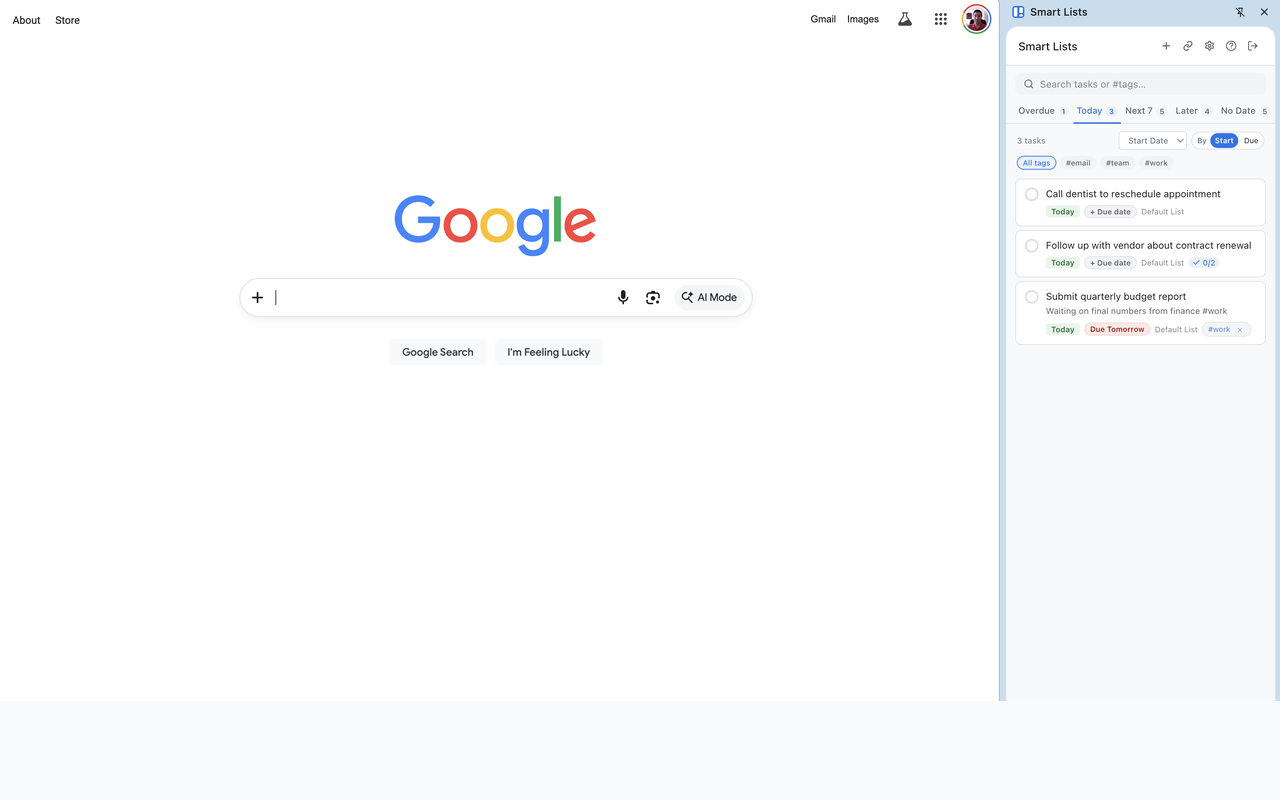Chrome side panel task view